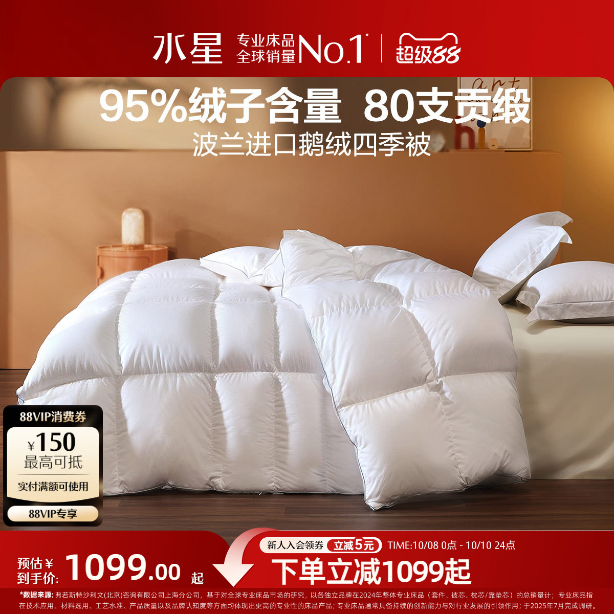 水星家纺波兰进口95白鹅绒四季被