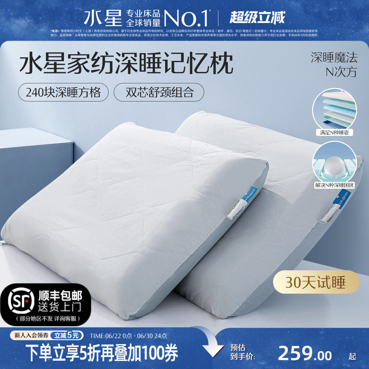 水星家纺慢回弹记忆棉枕芯