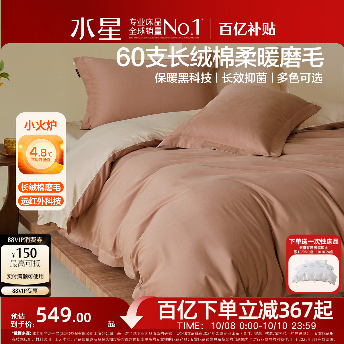 水星家纺60支长绒棉双面磨毛套件