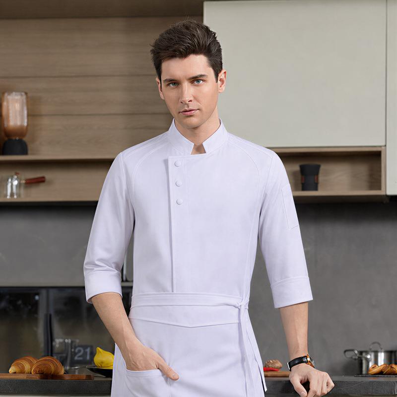 高档厨师工作服男长袖秋冬装后厨房西餐厅餐饮酒店厨师服工装印绣