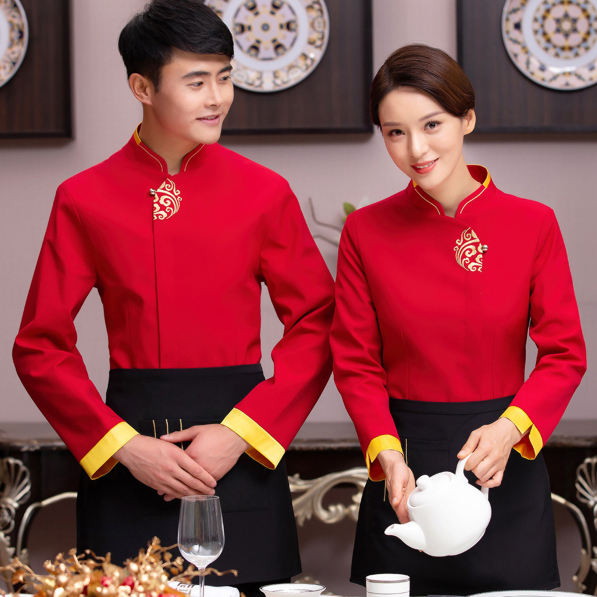 酒店工作服中餐茶楼女制服秋冬装农家乐饭店火锅店餐饮服务员长袖