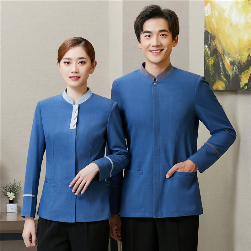 宾馆蓝色保洁服长袖套装客房服务员秋冬装灰色制服家政清洁阿姨