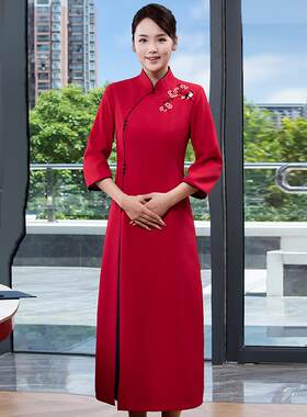 高端礼仪服装迎宾年会会务颁奖接待工作服酒店中国红色中式旗袍女