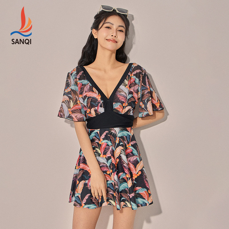 三奇时尚优雅性感25新款连体裙式泳衣女温泉海边度假泳装小胸聚拢