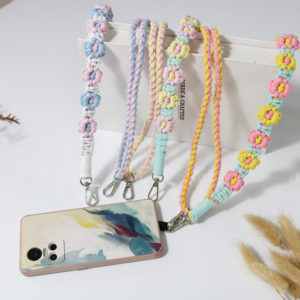 [成品]可调节波西米亚手工编织花朵手机钥匙扣挂绳长款斜挎包肩带