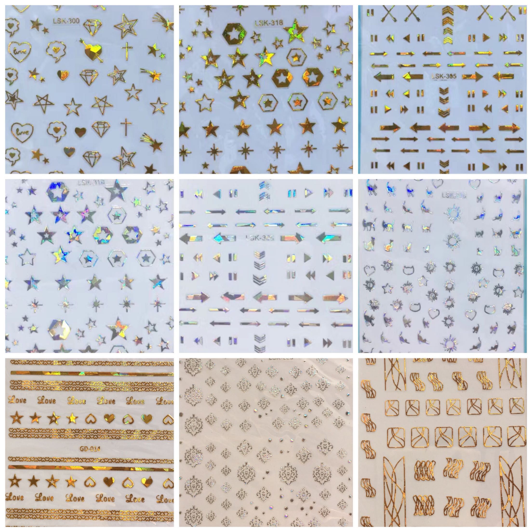 指尖精灵镭射激光贴纸带背胶不用泡水 星星箭头猫咪线条纹样贴画图片