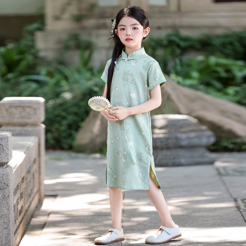 浅绿色儿童旗袍女童中国风2025夏季新款苎麻薄改良女孩唐装