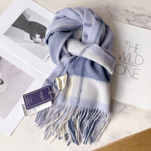 100%纯羊毛围巾男士冬季深蓝色格子羊绒围脖高档送男友爸爸送长辈