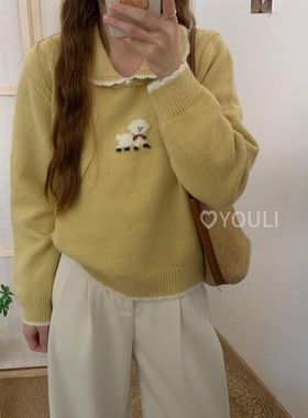 YOULI 尤梨韩系立体小羊图案设计感针织衫百搭韩系翻领套头毛衣