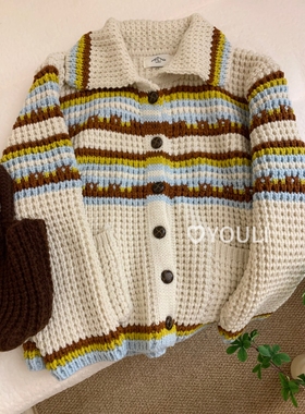 YOULI尤梨韩系复古设计感针织开衫女宽松翻领提花针织毛衣外套