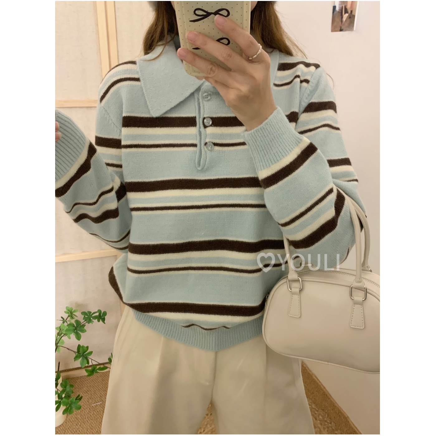 YOULI尤梨韩系复古条纹设计感针织开衫女宽松秋冬新款套头毛衣