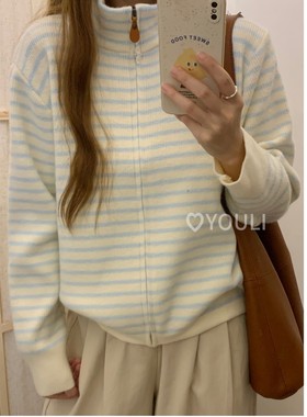 YOULI尤梨秋冬韩系复古拉链设计感内搭毛衣蓝白条纹撞色针织开衫