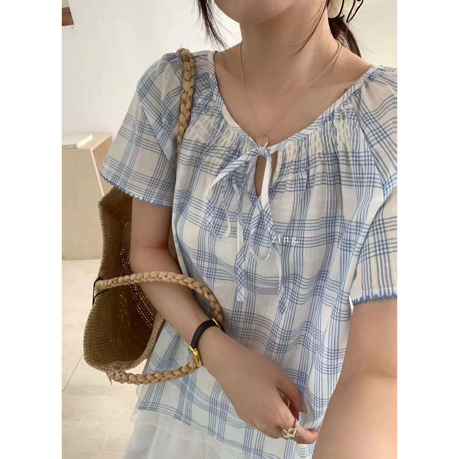 【尤梨】韩系减龄蕾丝花边格子系带短袖衬衣女夏季宽松显瘦上衣