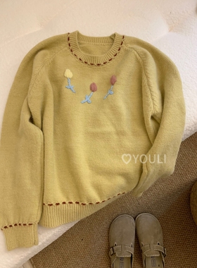 YOULI尤梨韩系复古花朵郁金香立体针织开衫女宽松秋季新款毛衣