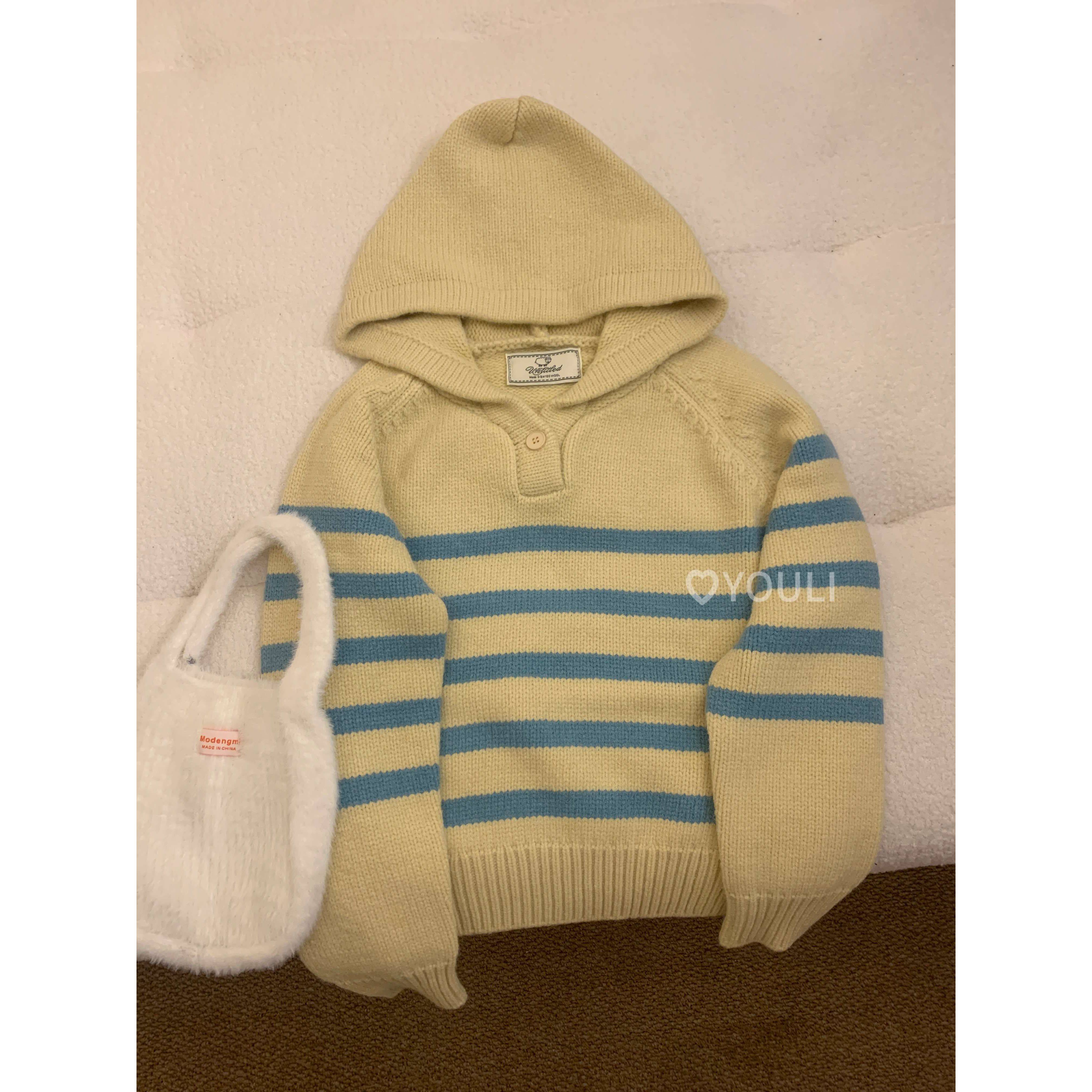 YOULI韩系复古针织连帽衫女新款条纹毛衣减龄百搭慵懒风针织毛衣,女装/女士精品,毛针织衫,淘宝优惠券,粉丝福利购,淘宝优惠卷