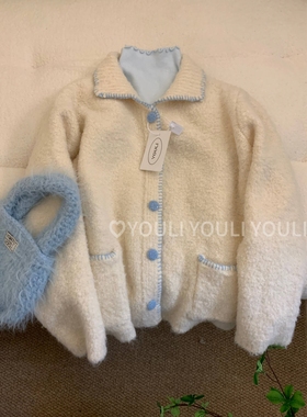 YOULI尤梨韩系复古针织翻领加厚外套女秋冬季加厚保暖毛衣外套