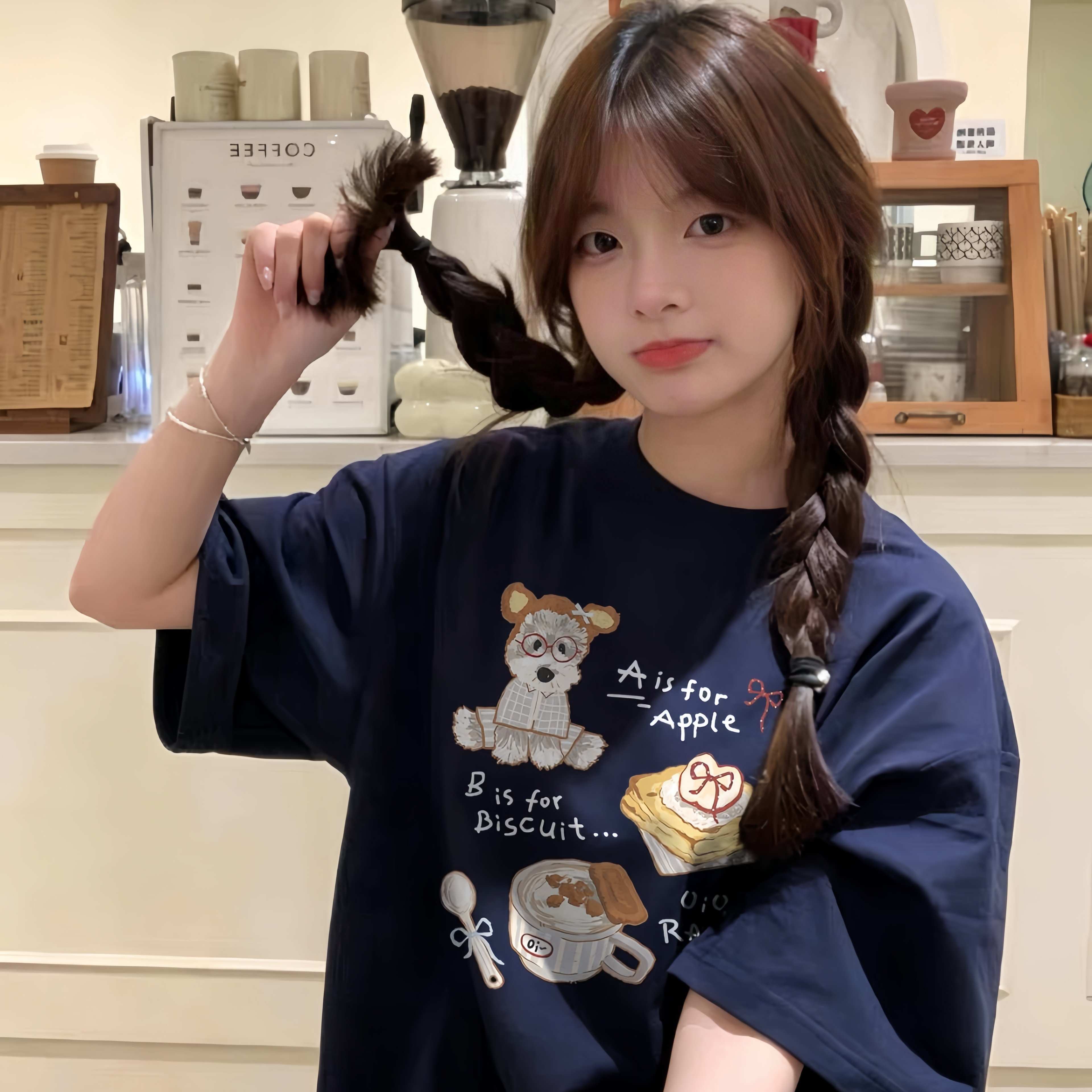 夏季纯棉藏青色短袖t恤女