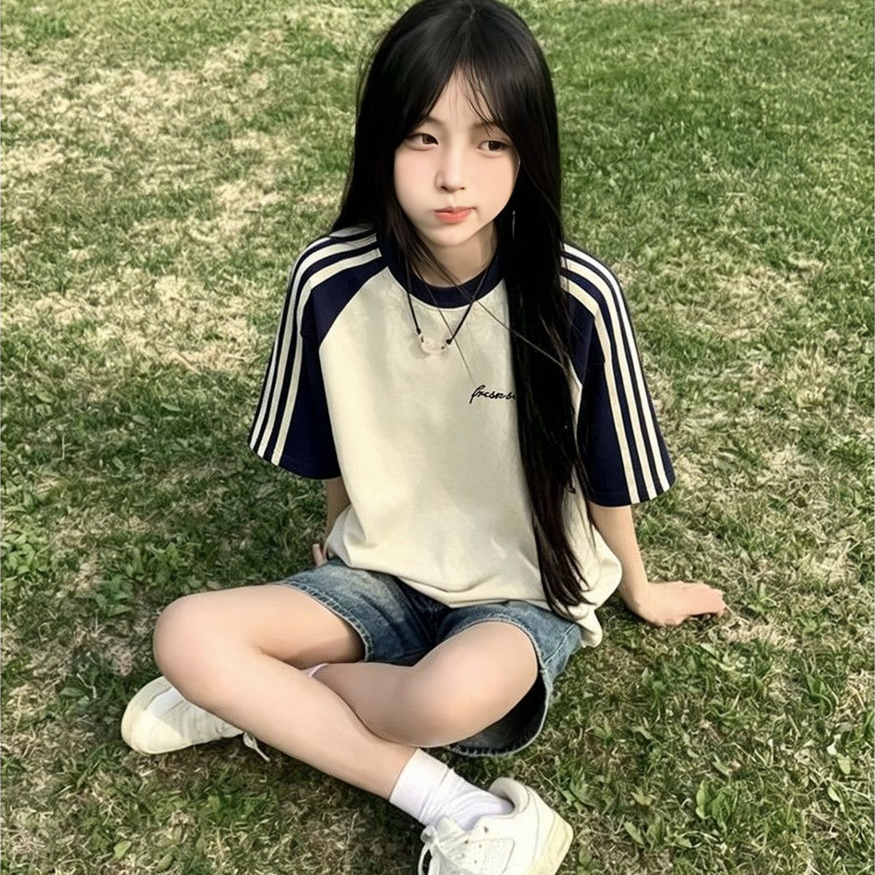 夏季女学生三条杠插肩短袖T恤
