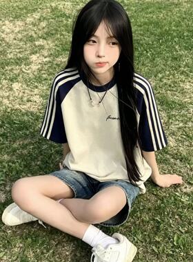 夏季女学生三条杠插肩短袖T恤