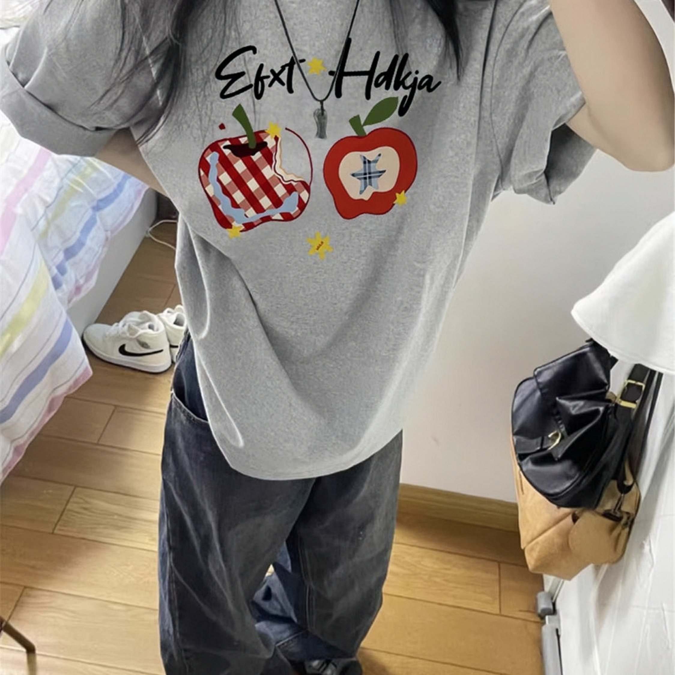 美式灰色圆领短袖T恤女大