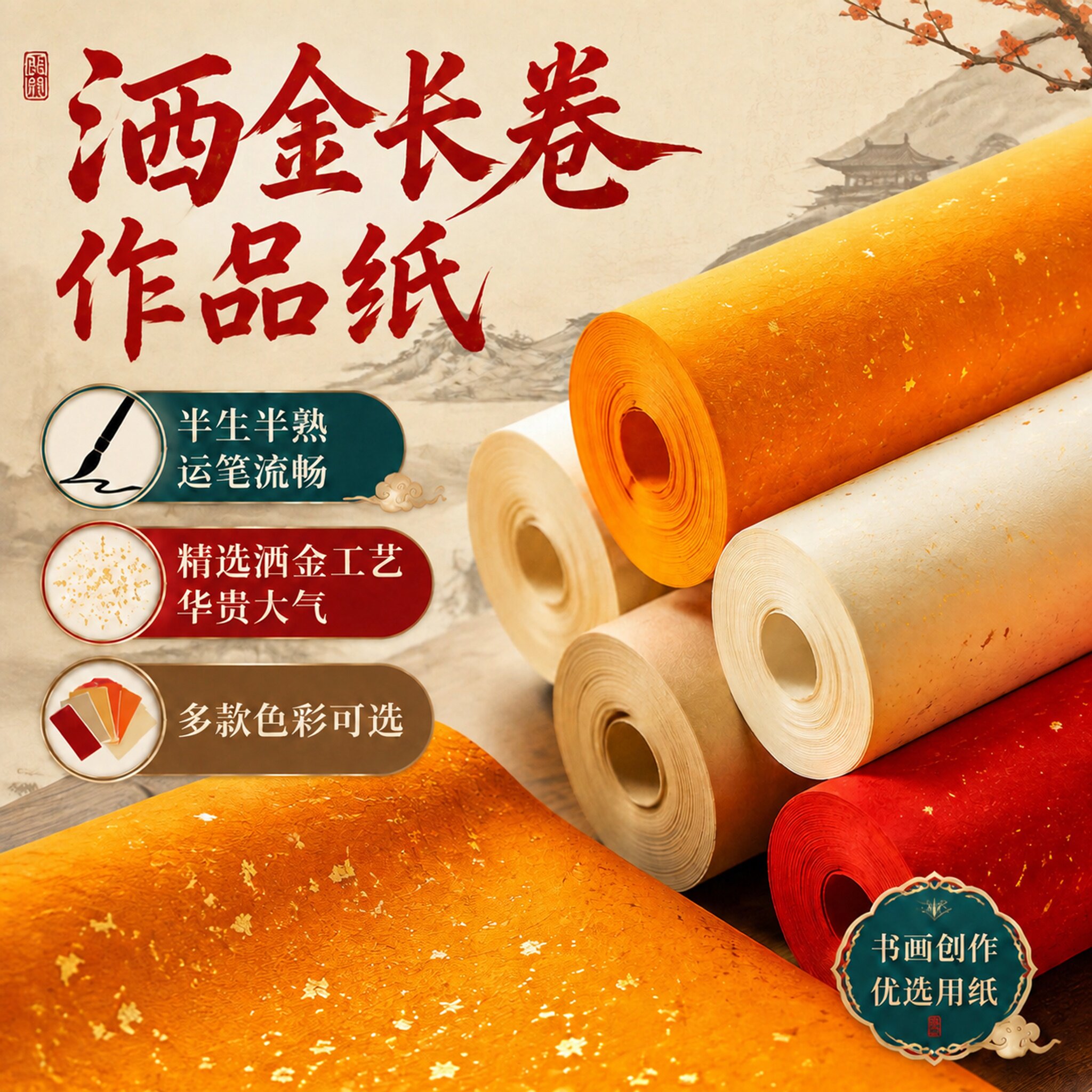 冷金长卷纸白色古金黄大红黑色蓝色洒金空白纸书法作品练习