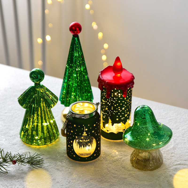 诺琪圣诞装饰品红绿金玻璃迷你圣诞树蜡烛灯烛杯桌面摆件圣诞礼物