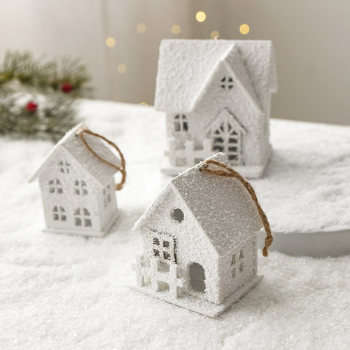 诺琪 圣诞节装饰品木质白色植绒房子雪屋子摆件圣诞树装饰小挂件