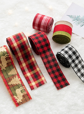 诺琪 圣诞装饰铁丝边红黑格织带圣诞树配饰丝带缎带仿麻布彩带