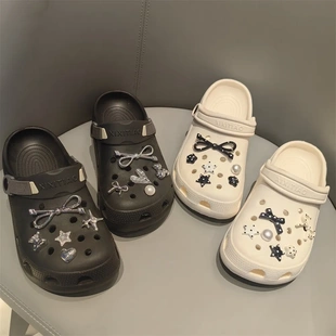 新款黑白洞洞鞋鞋花高级感装饰辣妹蝴蝶结点点芭蕾风银色DIY配饰