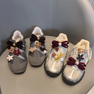 韩版秋冬植绒鞋带扣鞋花高级感芭蕾风小熊蝴蝶结珍珠花朵配饰品