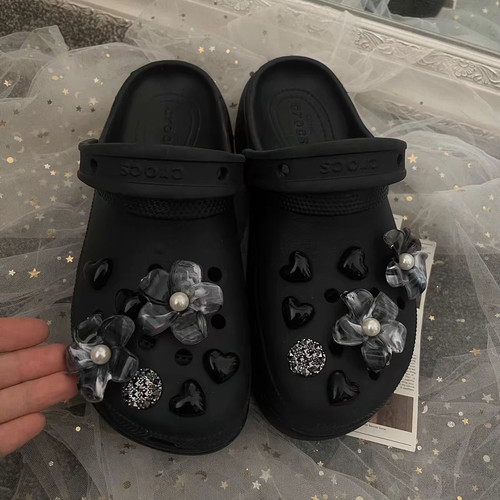 黑色crocs鞋花高级感鞋扣泼墨洞洞鞋配饰小众珍珠diy装饰配件