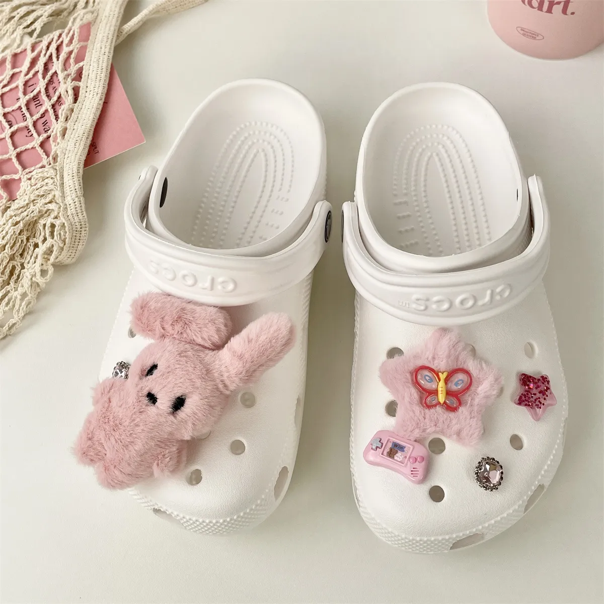 心可爱粉色兔子蝴蝶鞋扣洞洞鞋凉鞋鞋花配件成品立体鞋配饰