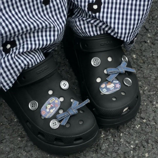 原创可爱复古牛仔蝴蝶结纽扣洞洞鞋配饰crocs鞋花鞋扣ins风