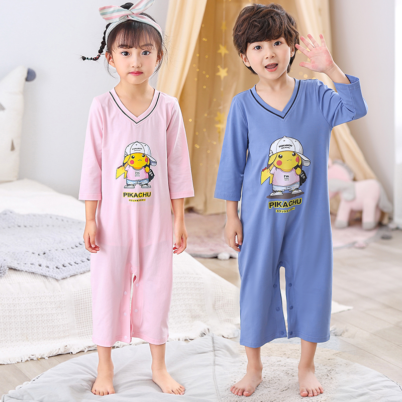 儿童纯棉连体睡衣春秋薄款男童女童宝宝防踢小恐龙夏季冰丝居家服