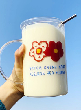 超大容量1000ml玻璃杯带盖带把水杯ins吸管茶杯家用可爱夏季杯子