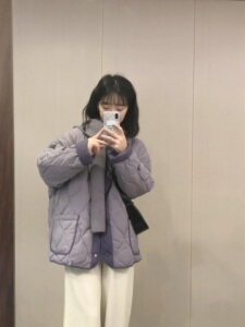 2023冬新款韩版紫色葫芦花棉服女休闲宽松米色直筒裤显瘦休闲套装