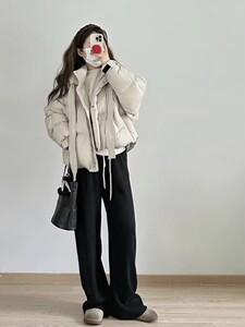 冬季连帽设计感小众韩版面包服加厚羽绒棉服外套阔腿裤两件套装女