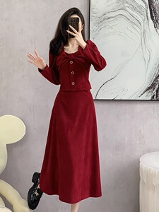 2023春秋新款小香风蝴蝶结套装裙灯芯绒上衣半身裙两件套连衣裙女