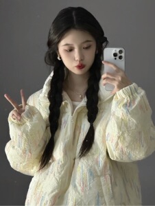 小香风压皱羽绒棉服女款慵懒风bf宽松加厚保暖棉衣国潮牌冬季外套