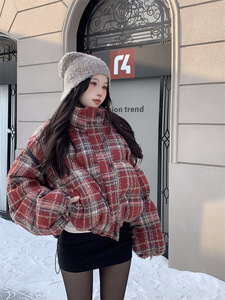 实拍实价~圣诞红红格加厚保暖棉衣短款面包服