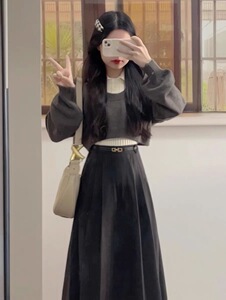 小个子深秋冬新款穿搭一整套减龄韩剧女主针织衫配半身裙两件套装