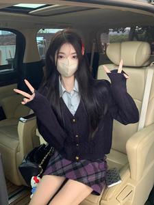 实拍实价~ 女主学院风翻领假两件麻花针织开衫上衣+毛呢格纹半裙