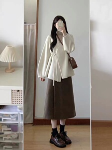 韩系短款白色毛呢外套女秋冬2023新款高级设计感系带呢子大衣开衫