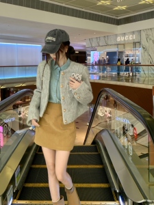 实拍实价~ 设计感灰色夹棉毛呢外套蓝色牛仔衬衫灯芯绒短裙套装