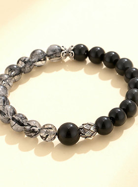 巴度新品黑曜石串珠情侣手链百搭感原创黑发水晶手串首饰