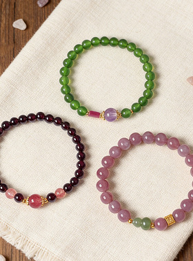 天然石榴石粉水晶串珠手链女小众感和田玉葫芦手串手饰玛瑙精致