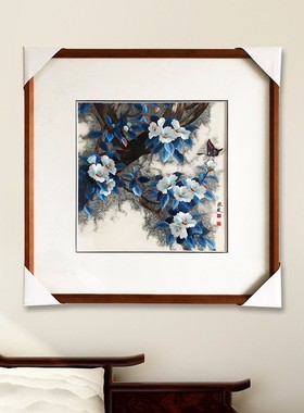 苏绣成品挂画蓝色桂枝纯手工真丝刺绣客厅背景墙刺绣装饰画甩卖