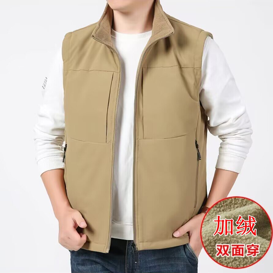 秋冬加绒加厚双面穿工装马甲男多口袋户外穿钓鱼摄影战术背心外套