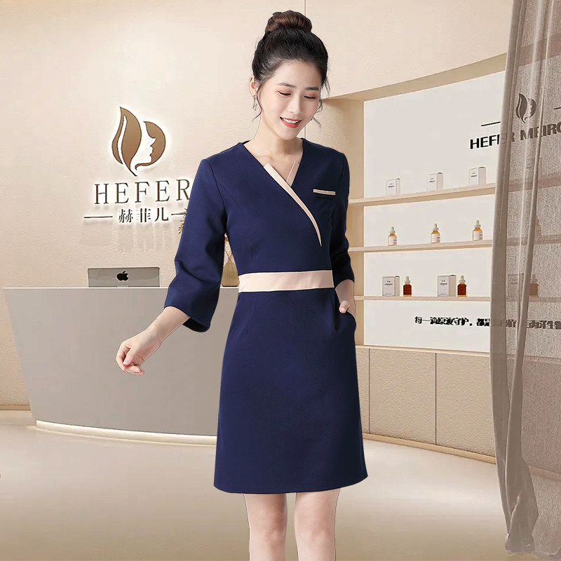 新款春夏季美容纹绣按摩女工作服套装高端养生馆理疗师藏青色服装