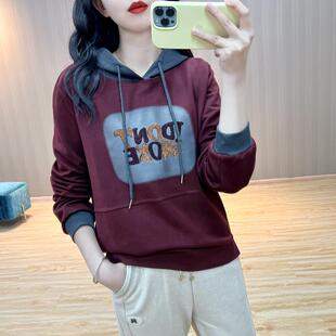 2025新款 烫钻印花字母连帽卫衣女休闲宽松显瘦中年妈妈上衣 时尚